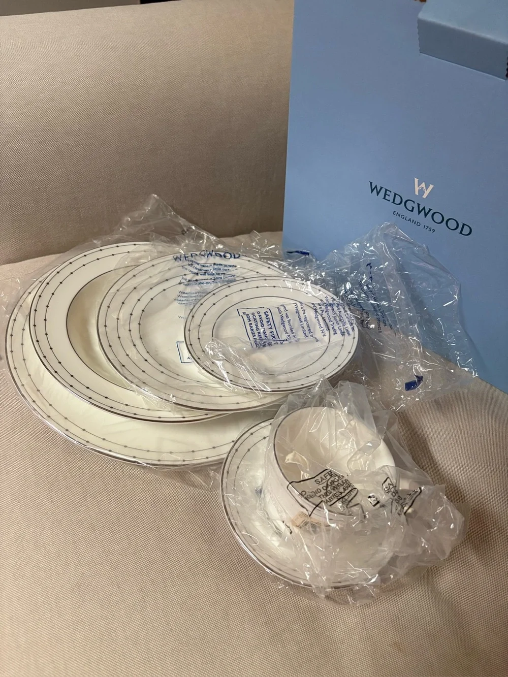 Wedgwood Classic White Dinnerware Set with Delicate Silver Dot Trim from England